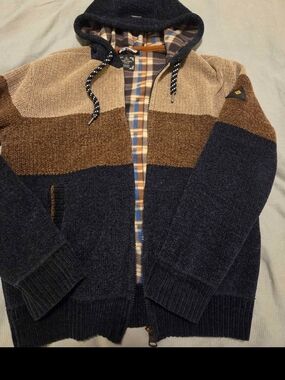 Point Zero Men's Hooded Zip Sweater - Navy & Brown Colorblock